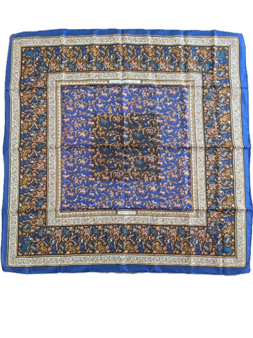 Hermès Chasse en Inde Carré 90 Silk Scarf Michel Duchêne Blue France